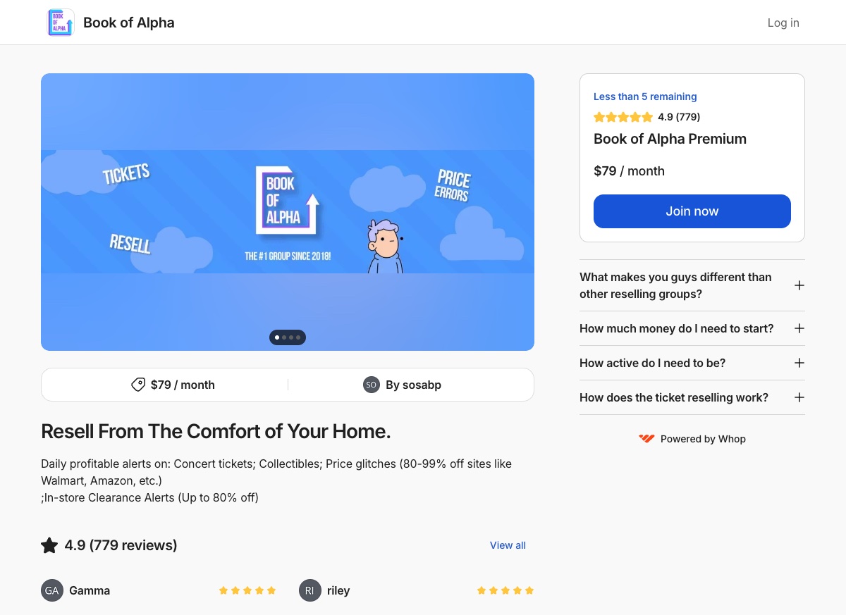 Book of Alpha Premium on Whop - 4.9 rating with 779 reviews
