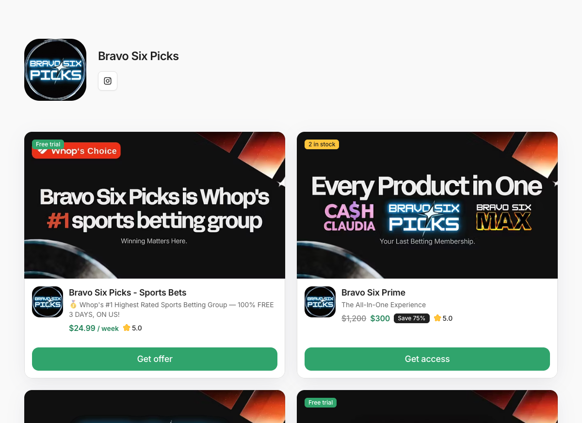 Bravo Six Picks Whop page
