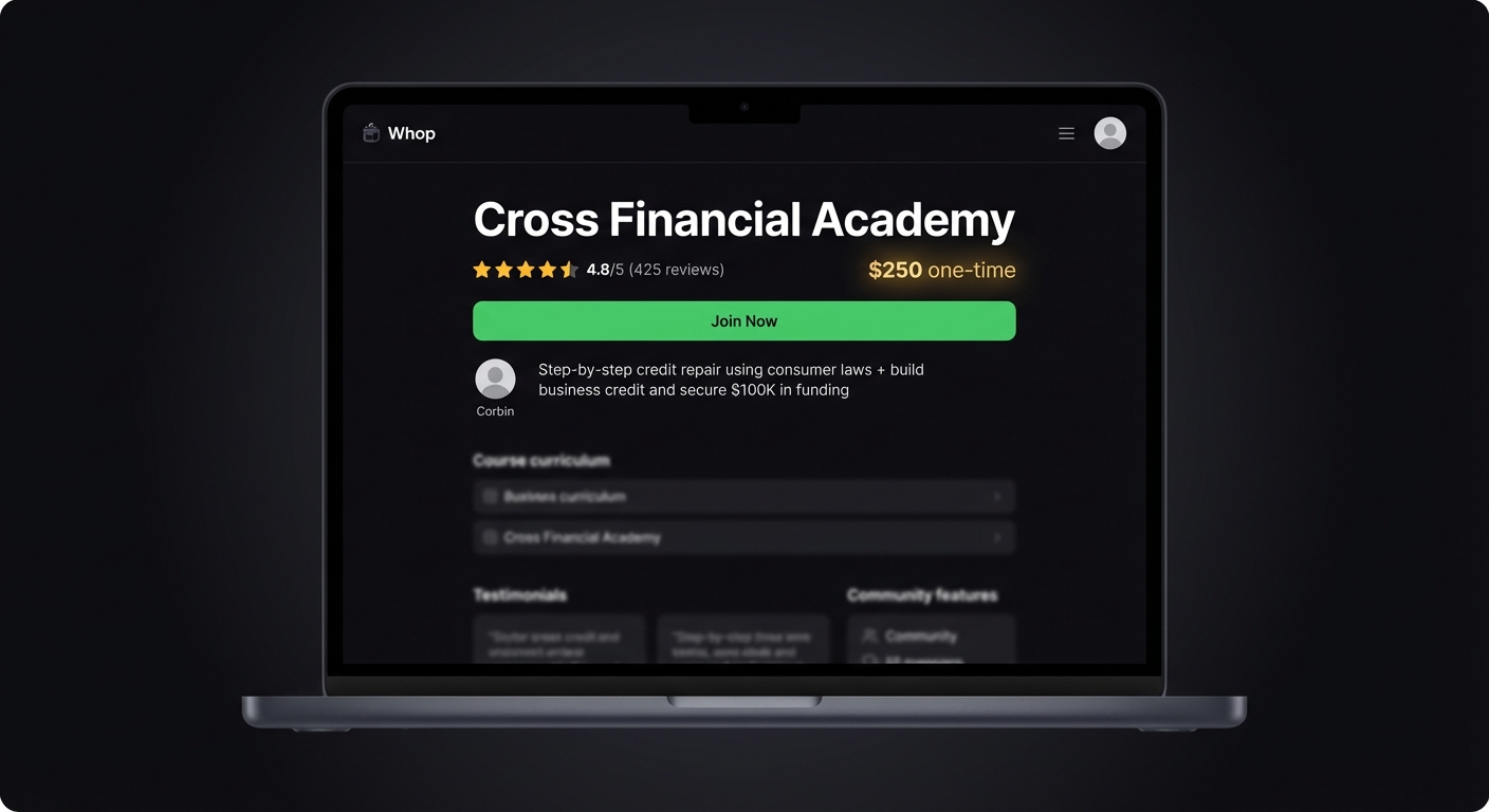 Cross Financial Academy Whop page - credit repair course by Corbin