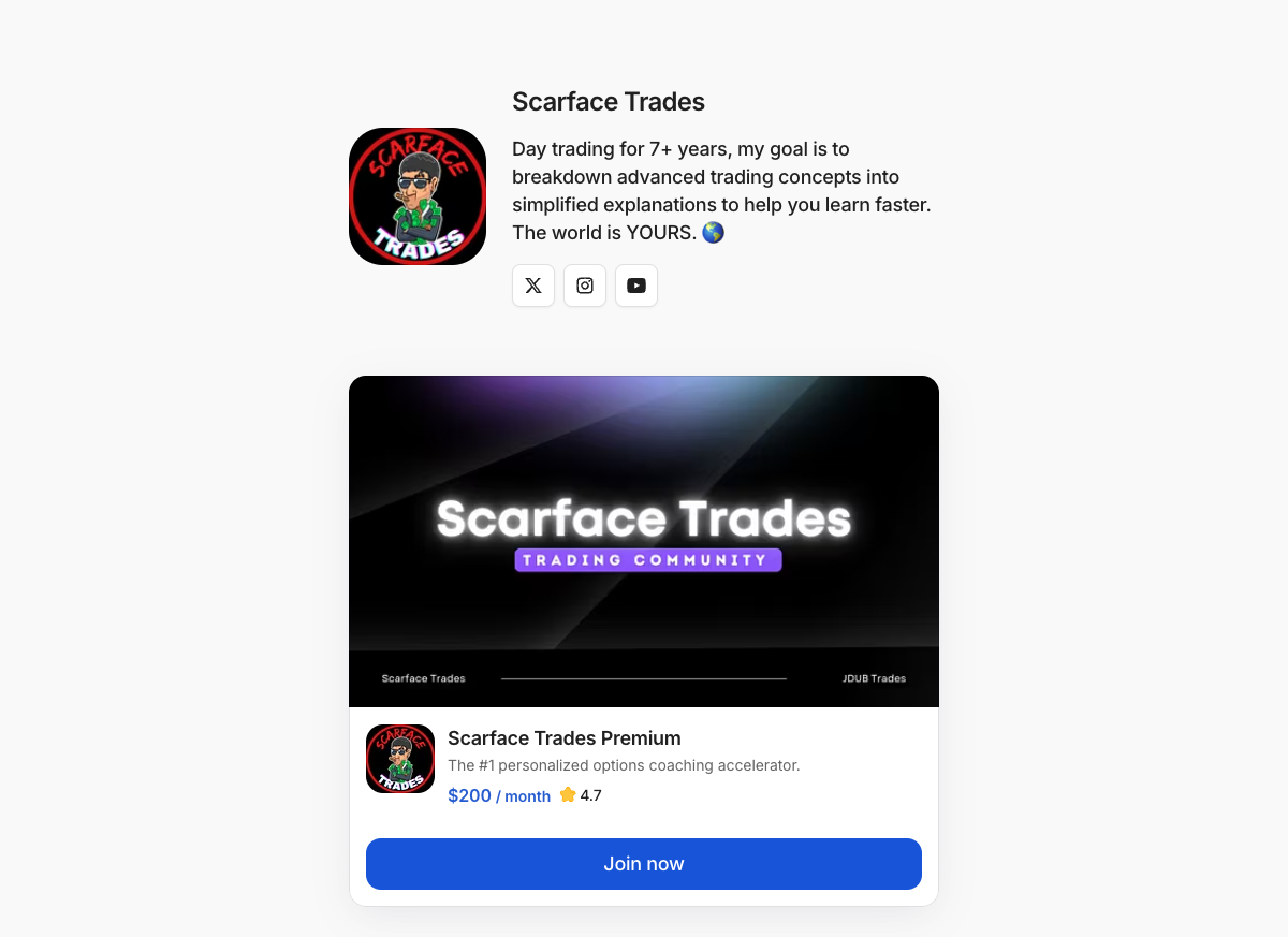Scarface Trades Whop community page