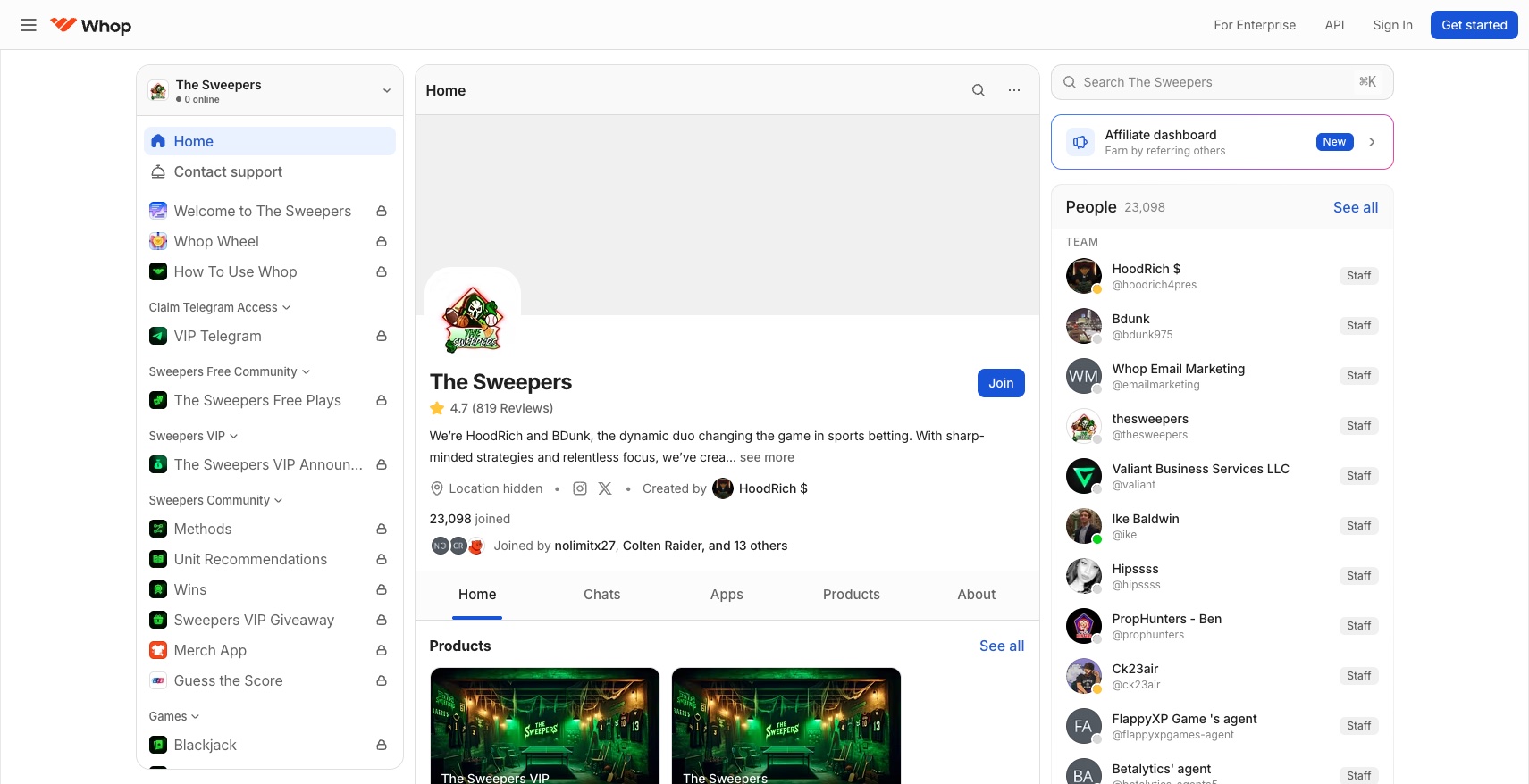 The Sweepers Whop Dashboard