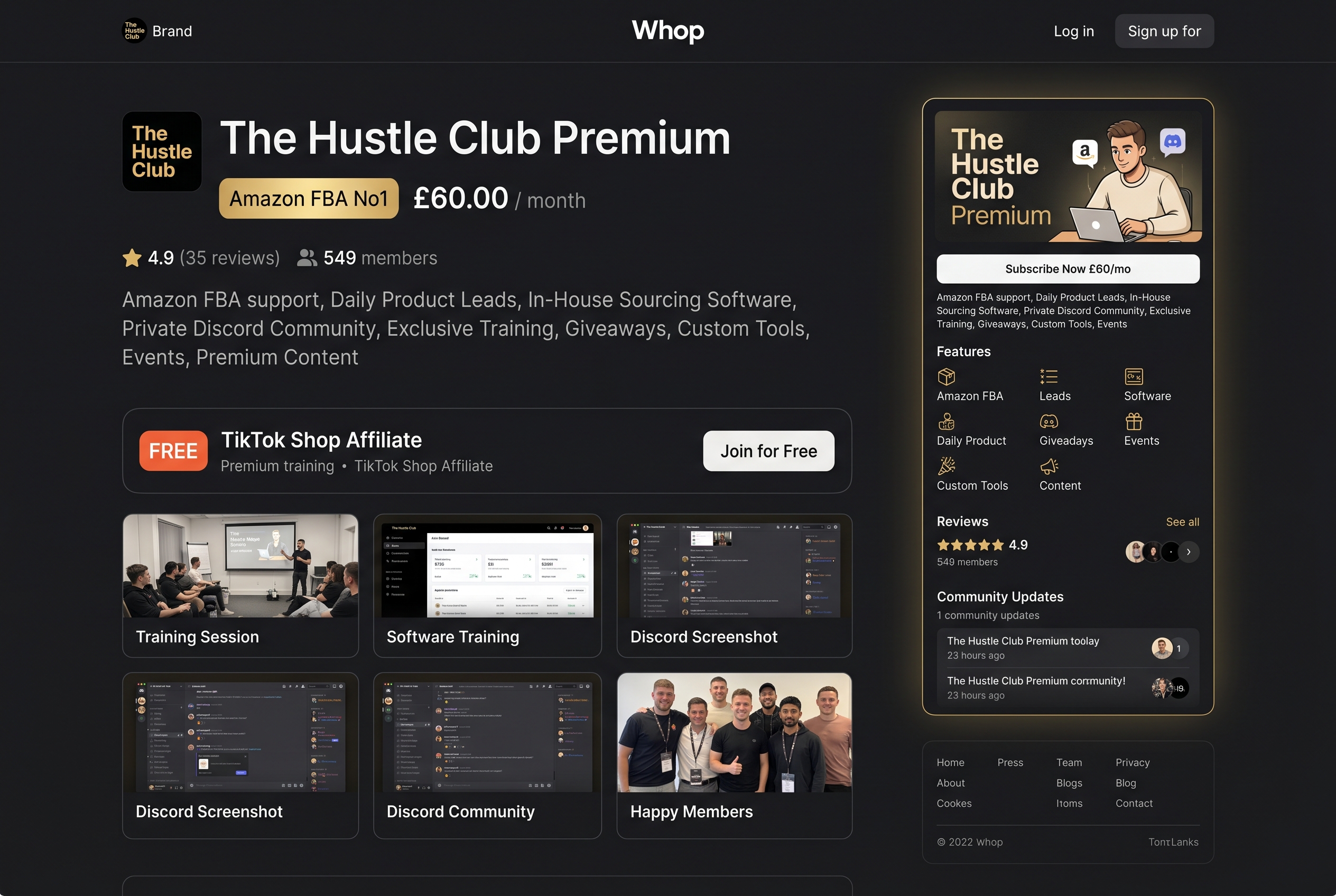Mockup of The Hustle Club Whop page
